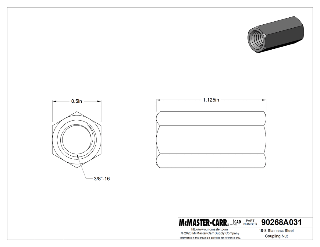 Technical Drawing of 18-8 Stainless Steel Coupling Nut, 3/8"-16 Thread Size, 1-1/8" Long.